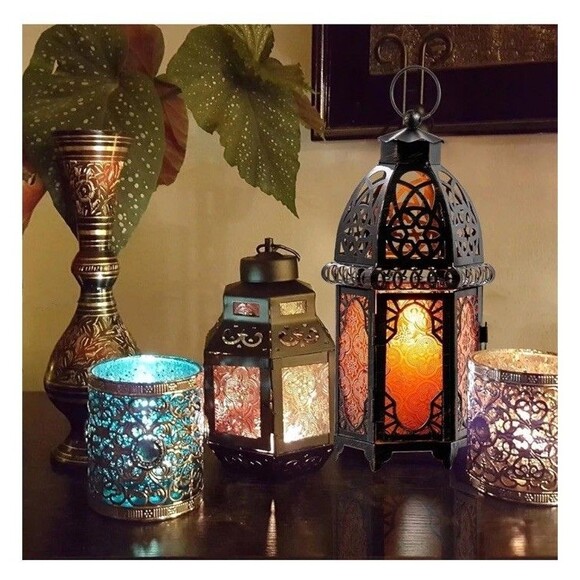 Exquisite Vintage Style Moroccan Candle Lantern Decorative Lighting Bronze Amber - Picture 4 of 8
